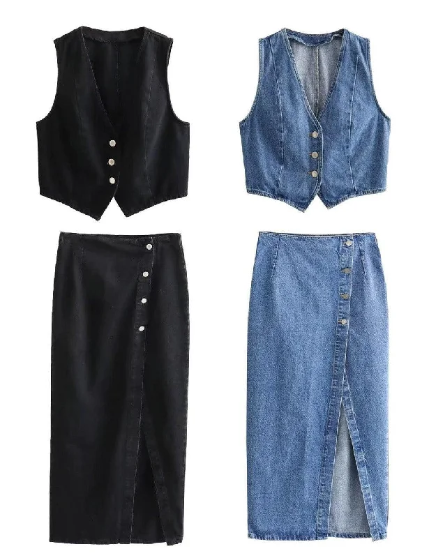 Ladies Denim Vest And Split Hem Skirt Set 4219 asymmetrical skirt cut