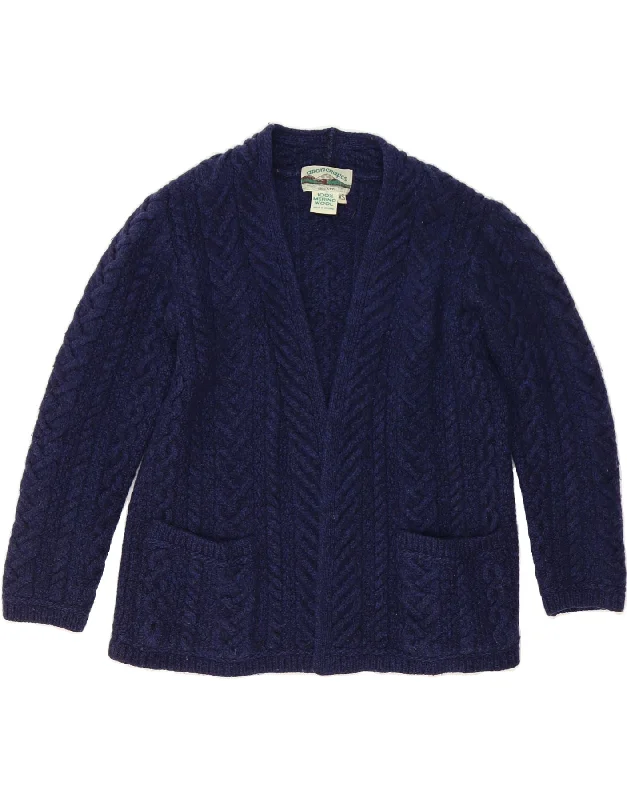 ARAN CRAFTS Womens Open Cardigan Sweater UK 6 XS Navy Blue Wool Real Fur Shearling Chenille