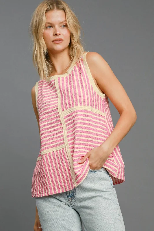 Umgee Round Neck Texture Striped Tank - Pink strapless tank top