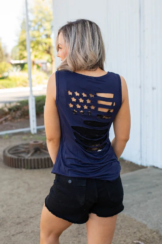 Oh Say Can You See Navy Tank Top with Flag Cutout in Back summer tank top