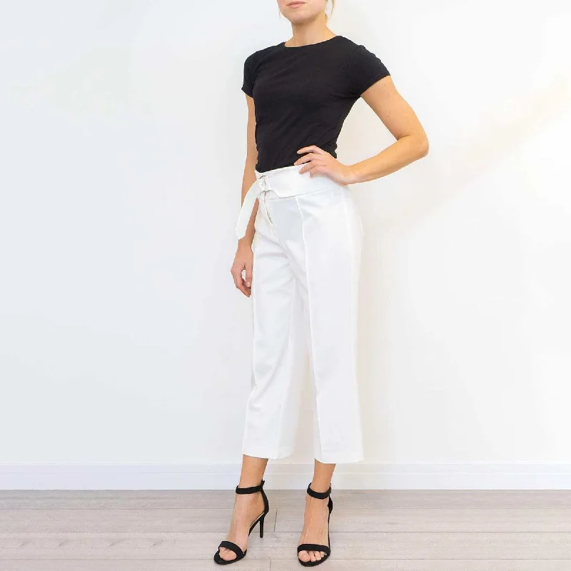 Next Ivory White Crop Belted Wide Leg Tailored Smart Trousers Chinos Cotton Straight Leg