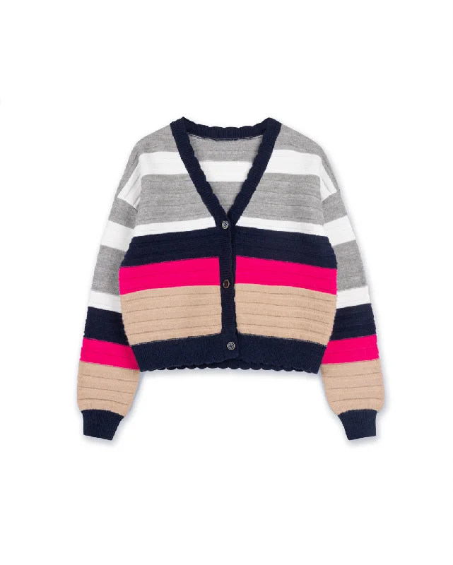 Beige Colorful Stripe Knit Cardigan Solid Print Embellished