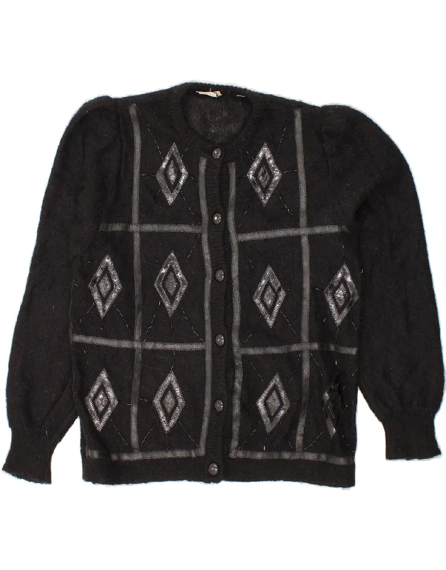 VINTAGE Womens Cardigan Sweater IT 48 XL Black Argyle/Diamond Mohair Stretchy Elastic Breathable