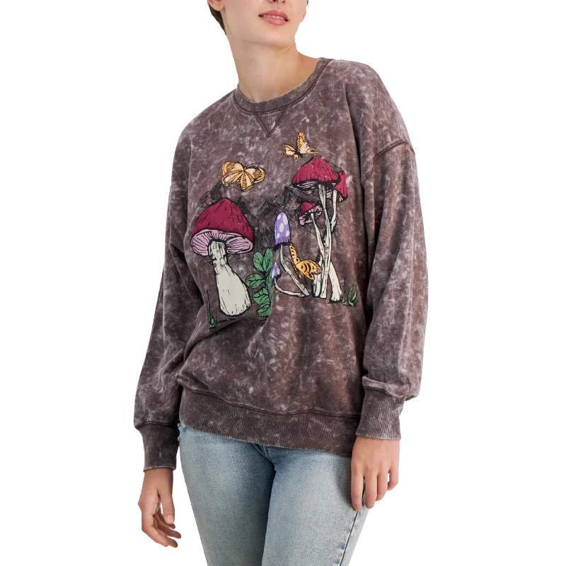 SELFIE -  Mushroom-Print Sweatshirt Hoodie with Elastic Cuffs Stretchable Comfortable