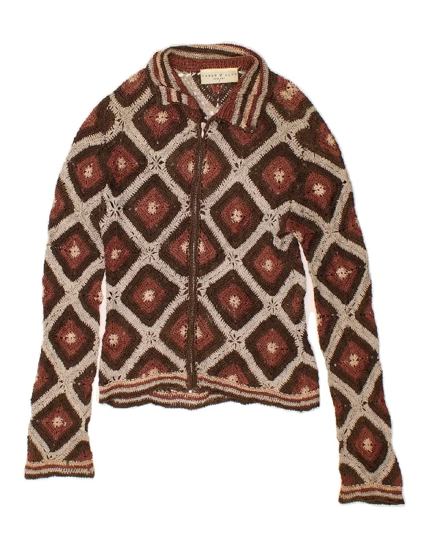 KAREN MILLEN Womens Crochet Cardigan Sweater UK 2 2XS Brown Argyle/Diamond Spandex Rayon Corduroy