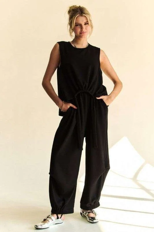 Davi & Dani Drawstring Hem Round Neck Tank and Pants Set In Black long tank top