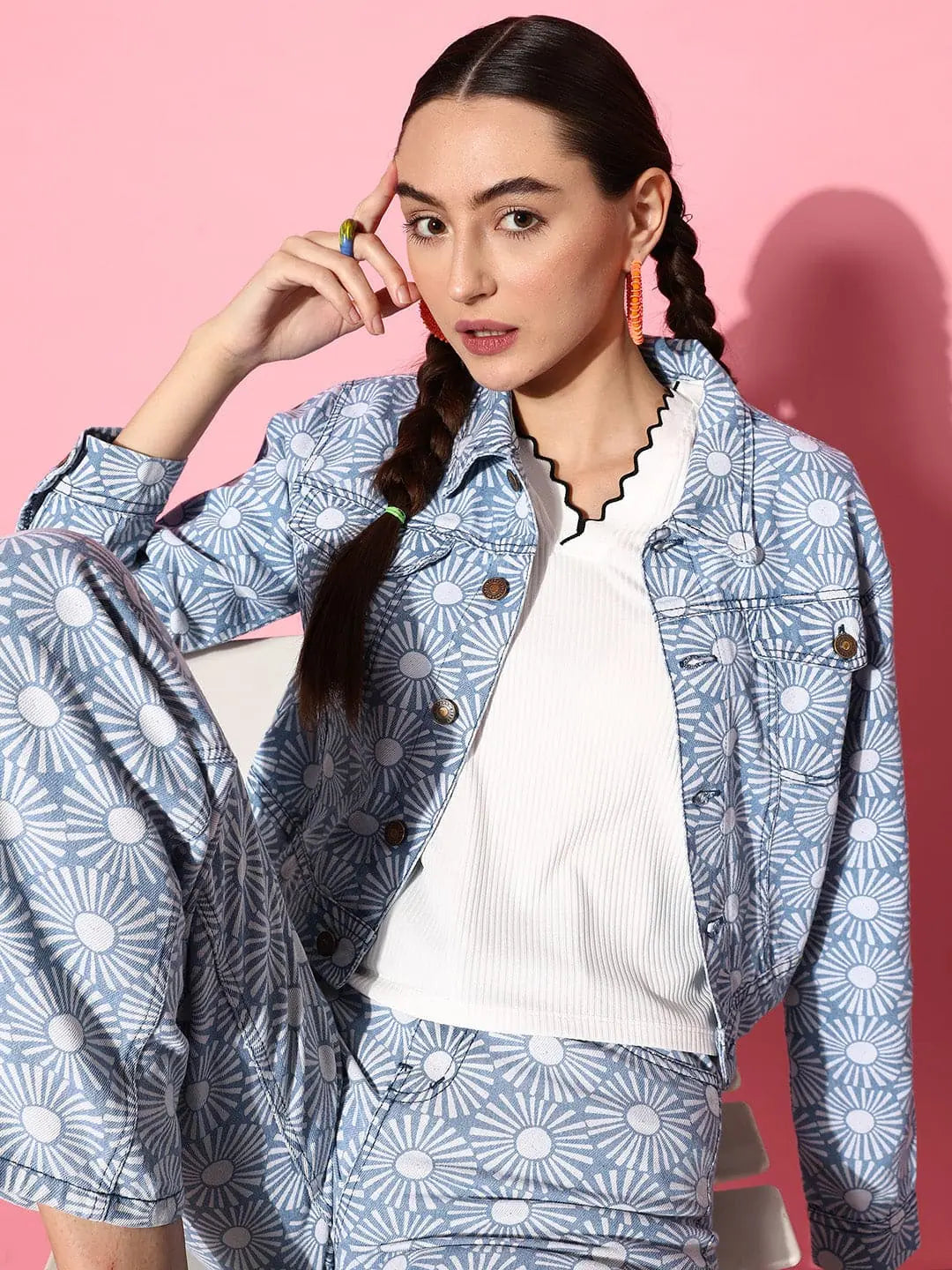 Women Printed Blue Full Sleeve Jacket Hoodie Zip-Up Jacket Button-Up Jacket