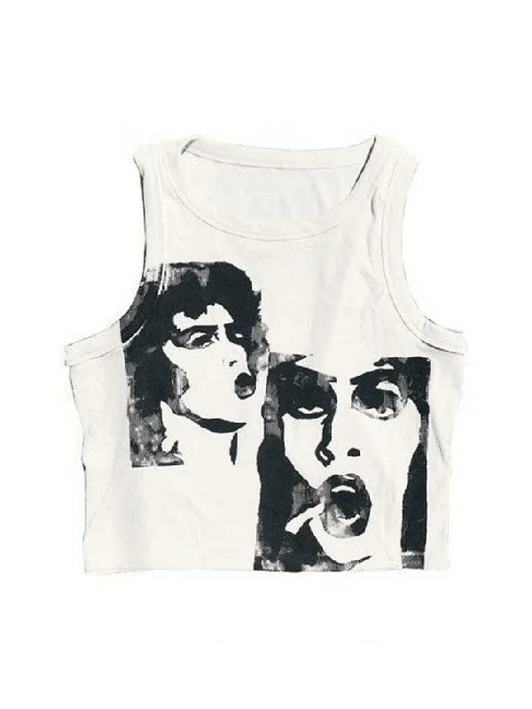 Funny Face Print Cropped Tank Top floral tank top