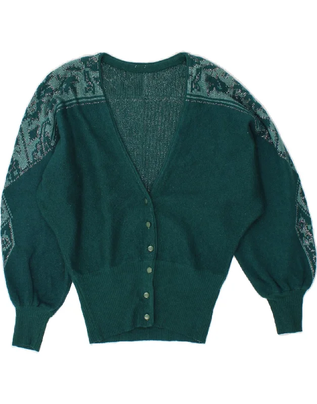 VINTAGE Womens Batwing Cardigan Sweater UK 12 Medium Green Fair Isle Mesh Cardigan Canvas Denim