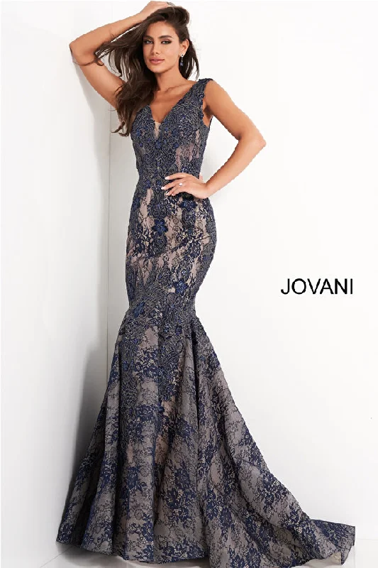 Lace V Neck Mermaid Evening Dress By Jovani -04585 Tunics Solid Classic