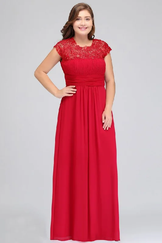 A-Line Crew Floor length Plus size Cap sleeves Lace Chiffon Evening Dresses with Appliques Tunics Essential wardrobe