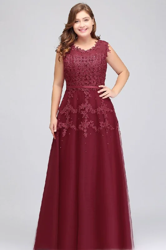 A-Line Crew Floor Length Sleeveless Plus size Tulle Appliqued Evening Dresses with Crystals Tunics Stylish elegant