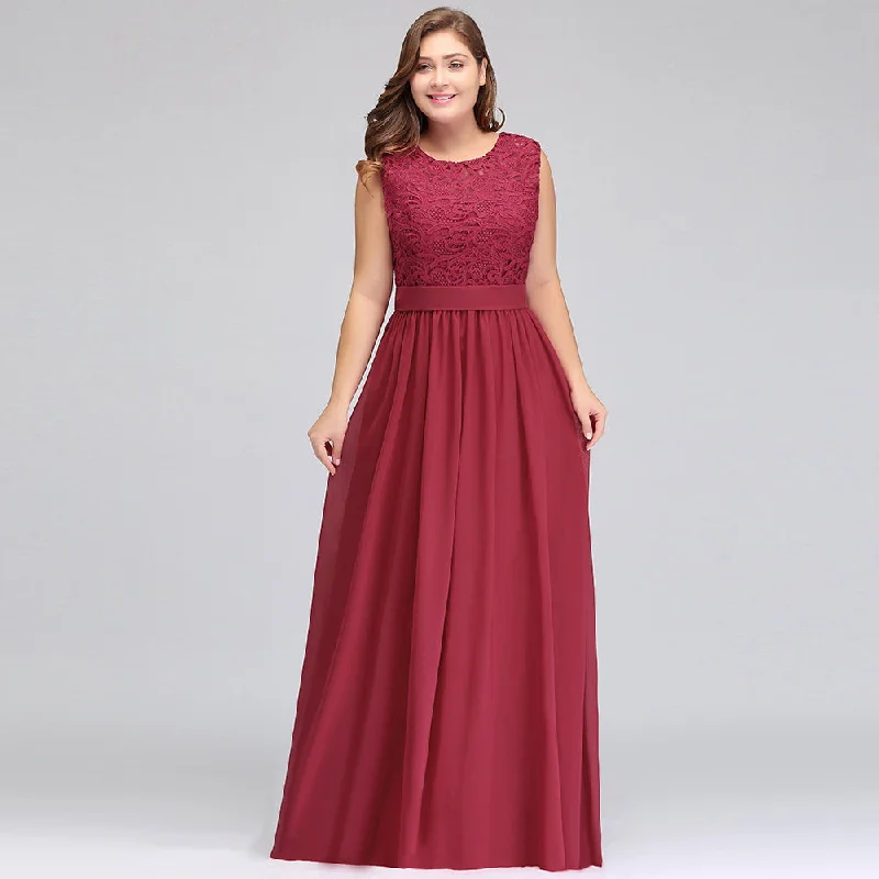 A-Line Crew Long Plus size Sleeveless Lace Chiffon Evening Dresses with Sash Tunics Cozy soft