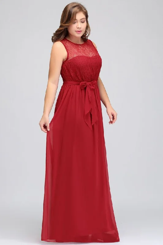 A-Line Crew Long Sleeveless Plus size Chiffon Evening Dresses with Ruffles Bow Peplum Ruffle Cocktail