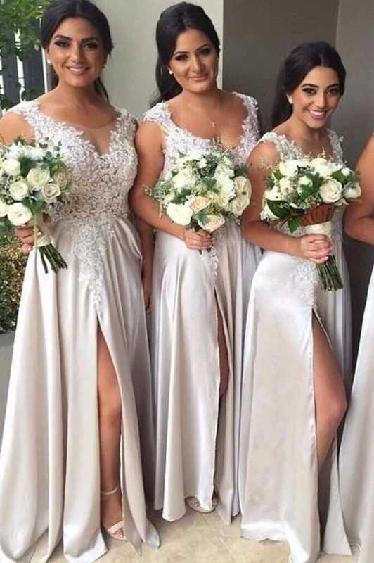 A-line Sleeveless Slit Lace Satin Bridesmaid Dress Wedding Party Dress Tunics Trousers formal