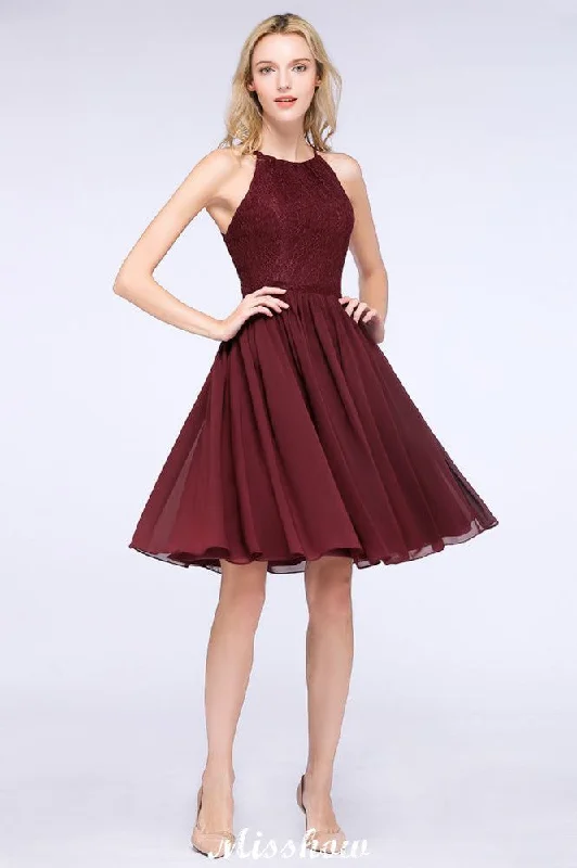 A-line Jewel Sleeveless Knee-Length Bridesmaid Dresses with Ruffle Chiffon Lace Party Dress Tunics Fall fleece