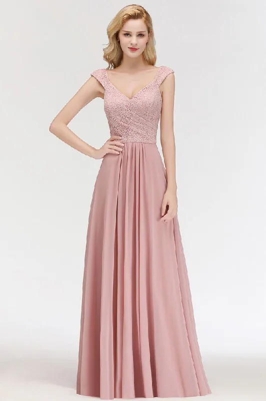 A-line Long V-neck Sleeveless Formal Party Dress Lace Top Chiffon Bridesmaid Dress Tunics Plaid country