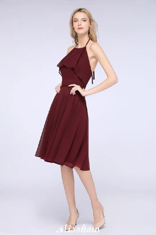 A-Line Ruffles Chiffon Halter Knee-Length Party Dress Simple Bridesmaid Dress Tunics Brand named