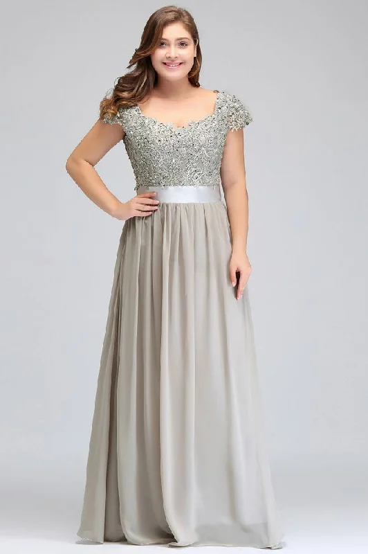 A-Line Scoop Floor Length Cap Sleeves Appliques Silver Evening Dresses with Sash Tunics Exclusive limited