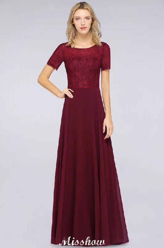 A-Line Short-Sleeves Floor-Length Bridesmaid Dress Chiffon Lace Round-Neck Evening Dress Tunics Vintage classic