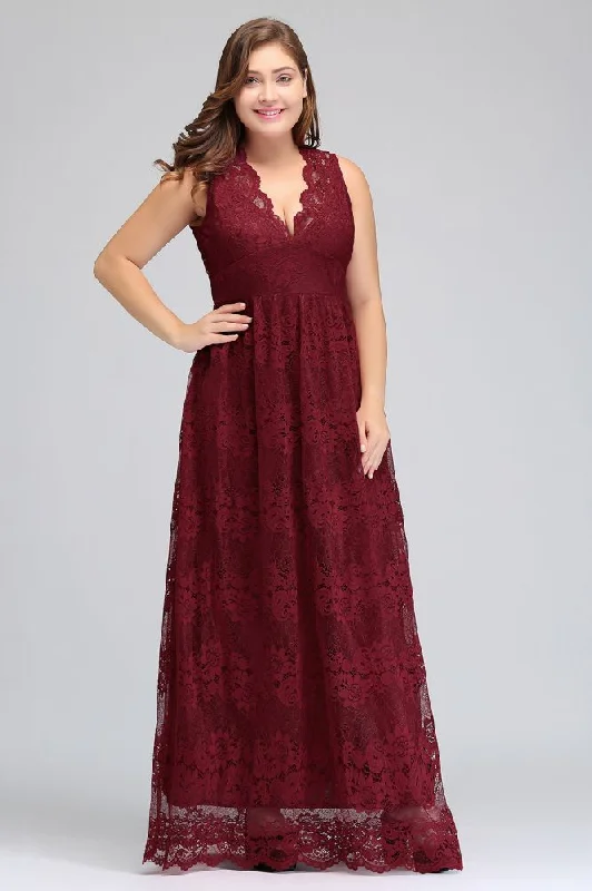 A-Line V-neck Floor Length Sleeveless Plus size Lace Burgundy Evening Dresses Satin Halter Glamorous