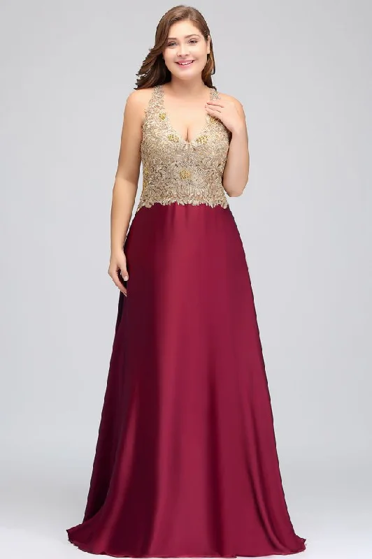 A-Line V-neck Plus size Long Sleeveless Evening Dresses with Appliques Tunics Fashionable trendy