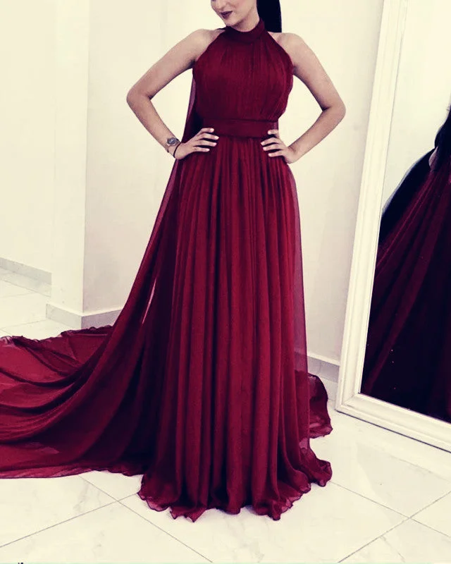 Long Chiffon Halter Prom Evening Dresses With Cape Satin Halter Glamorous