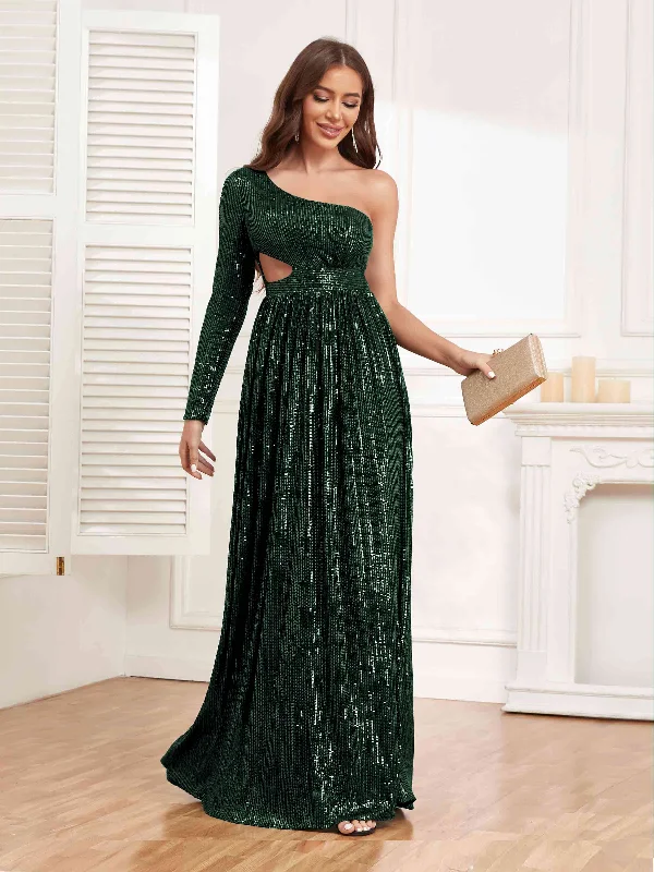 Alivia Glamorous One Shoulder Long Sleeve Cutout Waist Sequins Party Dresses Tunics Print Colorful