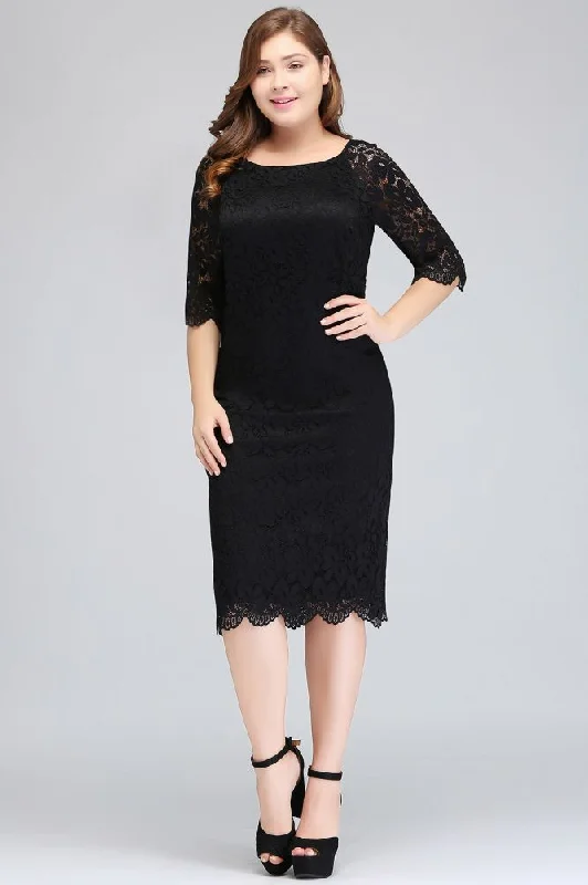 Bateau Tea Length Mermaid Plus size Lace Black Evening Dresses with sleeves Pleated Skirt Elegant