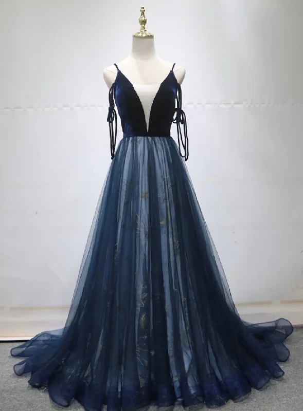 Blue A-line Straps Tulle Long Evening Dress Party Dress, Blue Bridesmaid Dress Tunics Hiking breathable