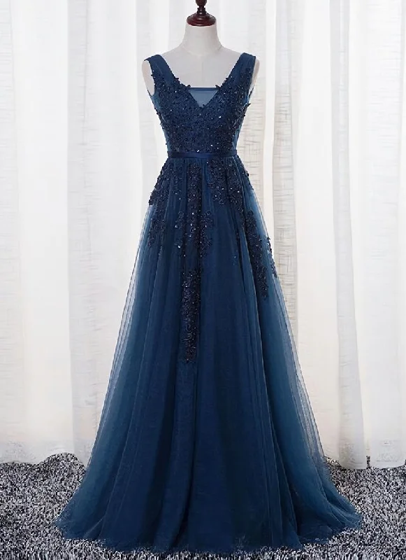 Blue Long A-line Bridesmaid Dress, Dark Blue Tulle Party Dress Tunics Bestseller popular