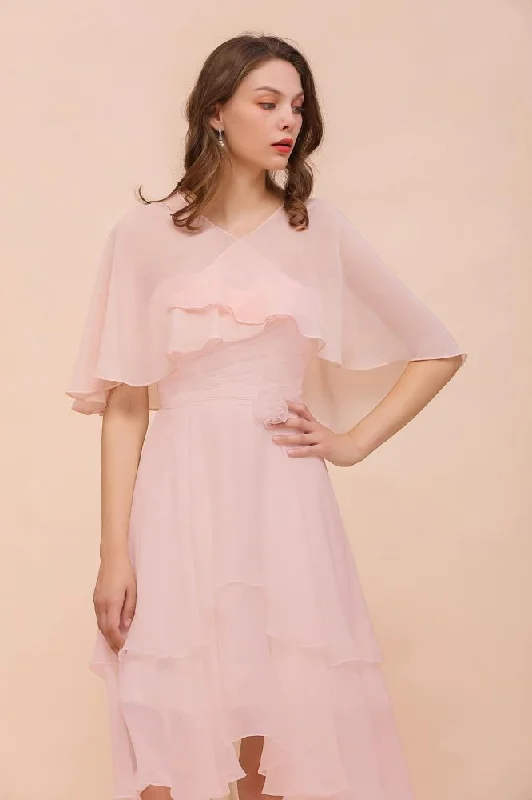 Blushing Pink Bridesmaid Dress Knee Length Simple Chiffon Girls Party Dress with Wraps Tunics Satin smooth