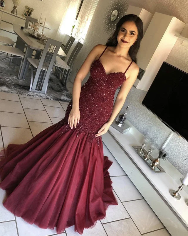 Burgundy Mermaid Evening Dress Sweetheart Appliques Beaded High-Low Hemline Casual