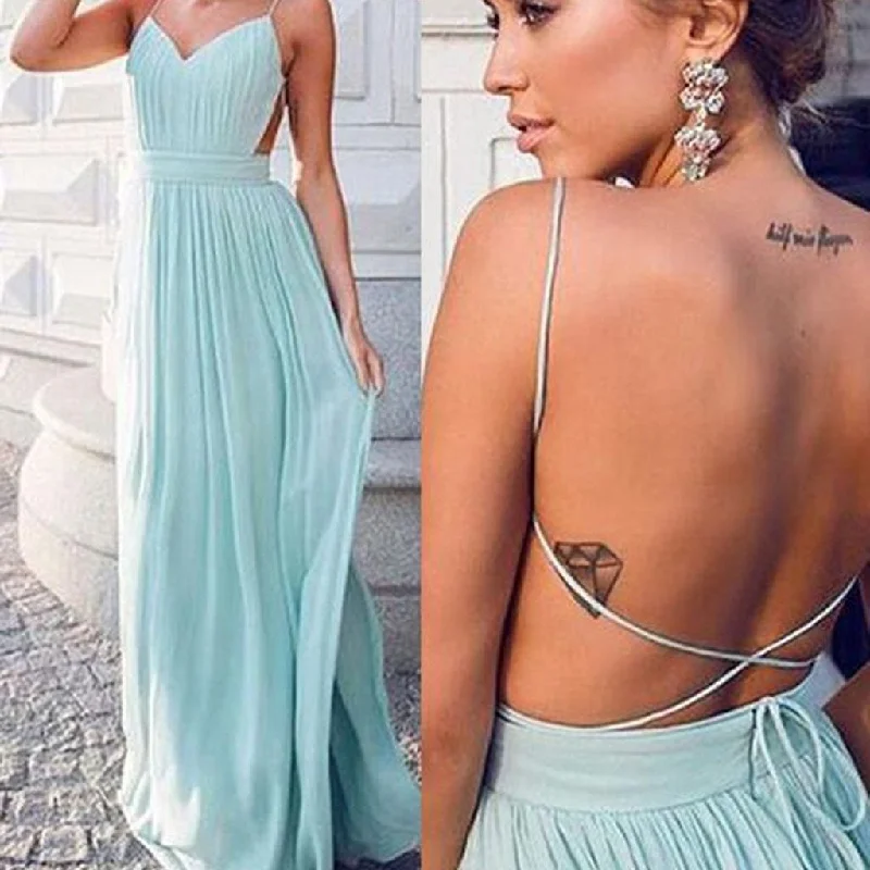 Cheap Simple Chiffon Open Back Cheap Tiffany Blue Prom Dress, Sexy Long Wedding Party Dresses, WG50 Tunics Polka dots