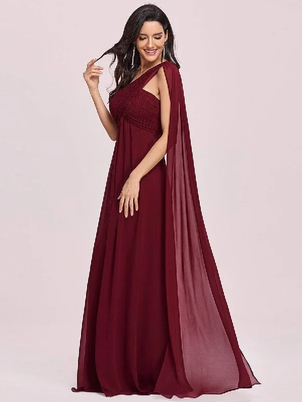 Chicely Pleated One-Shoulder Long Chiffon Evening Dress Turtleneck Neckline Stylish