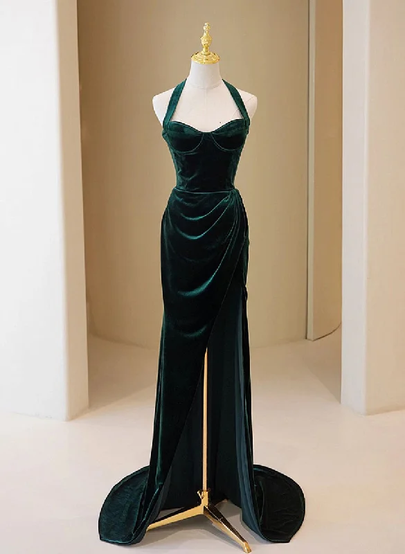 Dark Green Velvet Long Evening Dress Party Dress, A-line Green Bridesmaid Dress Tunics Fleece cozy