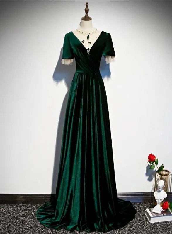 Dark Green Velvet Short Sleeves A-line Bridesmaid Dresses, A-line Wedding Party Dress Prom Dress Tunics Party sparkling