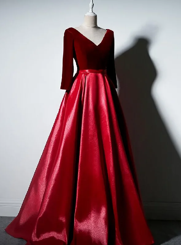 Dark Red Velvet and Satin V-neckline Long Prom Dresses Evening Dress, Red Bridesmaid Dresses Tunics Office stylish