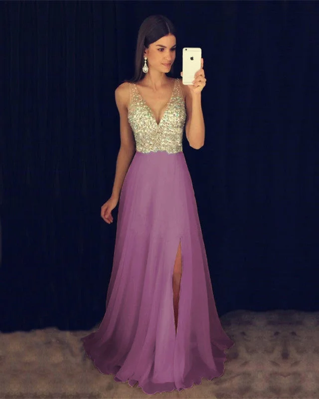 Deep V Neck Crystal Beaded Long Chiffon Prom Evening Dresses Tunics Cozy comfortable