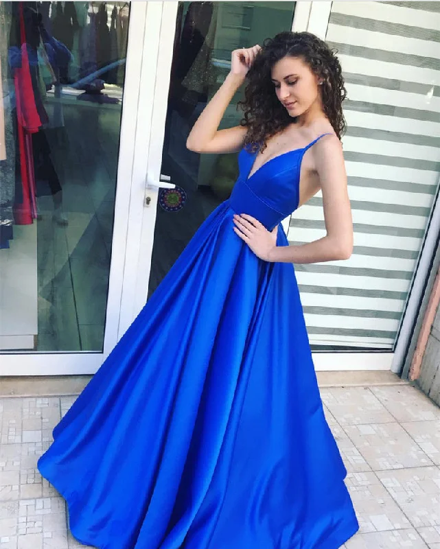 Deep V-neck Long Satin Royal Blue Evening Dresses A-Line Day Work