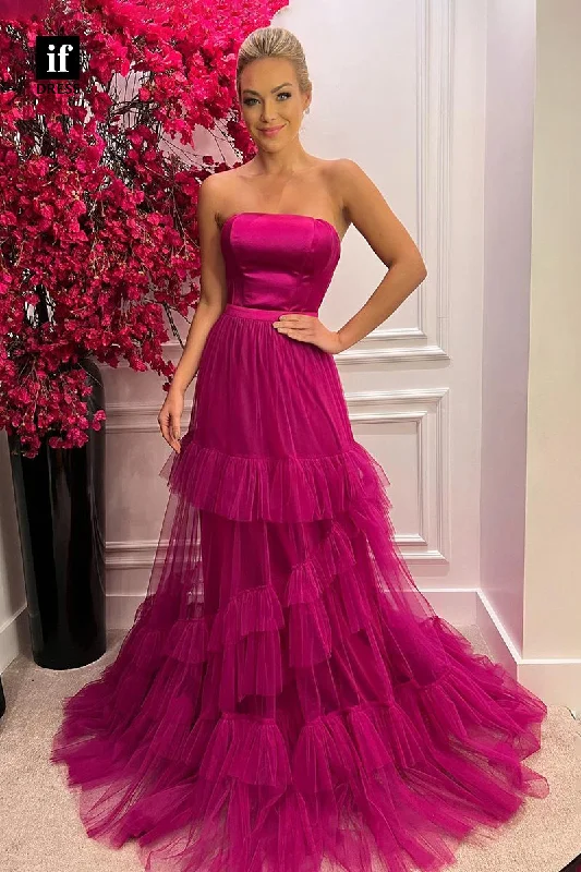 30841 - Strapless Fuchsia Tulle A-line Long Formal Evening Dress Tunics Office stylish