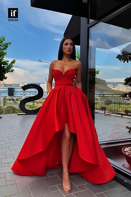 34819 - A-Line Strapless V-Neck High Low Satin Prom Formal Party Dress Tunics Bestseller popular