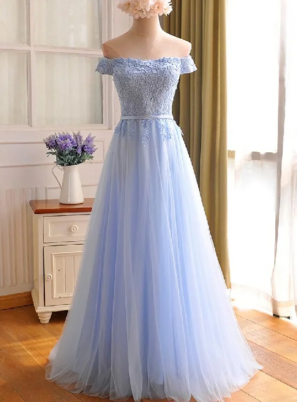 Elegant Light Blue Lace Applique Top Long Party Dress, Off Shoulder Bridesmaid Dress Tunics Top rated