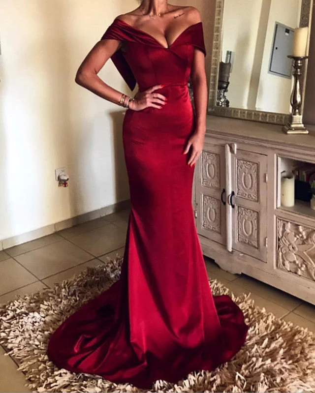 Elegant V-neck Off The Shoulder Long Satin Evening Dresses Mermaid Prom Gowns Pencil Length Work