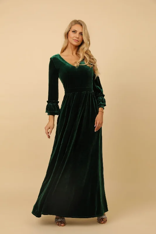 Emerald Velvet Formal Bridesmaid Dress Wedding Guest Dress Low Back V-neck Dress Evening Dress Tunics Winter warm