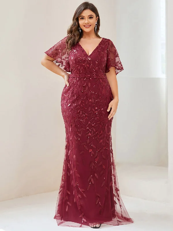 Fashion Plus Size Deep V Neck Wholesale Sequin & Tulle Evening Dress Off-the-shoulder Chic Trendy