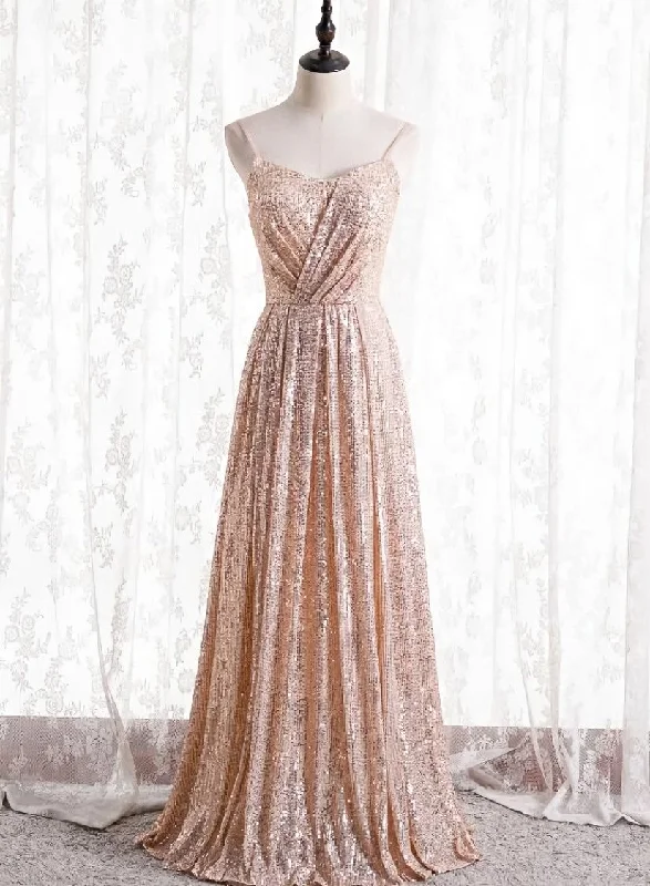 Gold Sequins Sweetheart Simple Spaghetti Straps Long Party Dress, Sequins Prom Dress Bridesmaid Dress Tunics Bridal satin