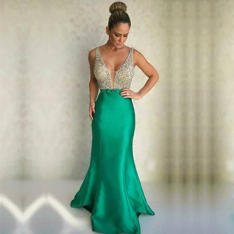 Gorgeous Beaded Long Satin V Neck Mermaid Evening Dresses Tunics Sale discount