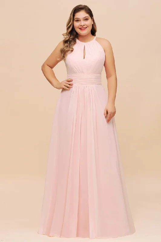 Halter Pink Bridesmaid Dress Plus Size Chiffon Wedding party Dress for Girls Tunics Occasion special