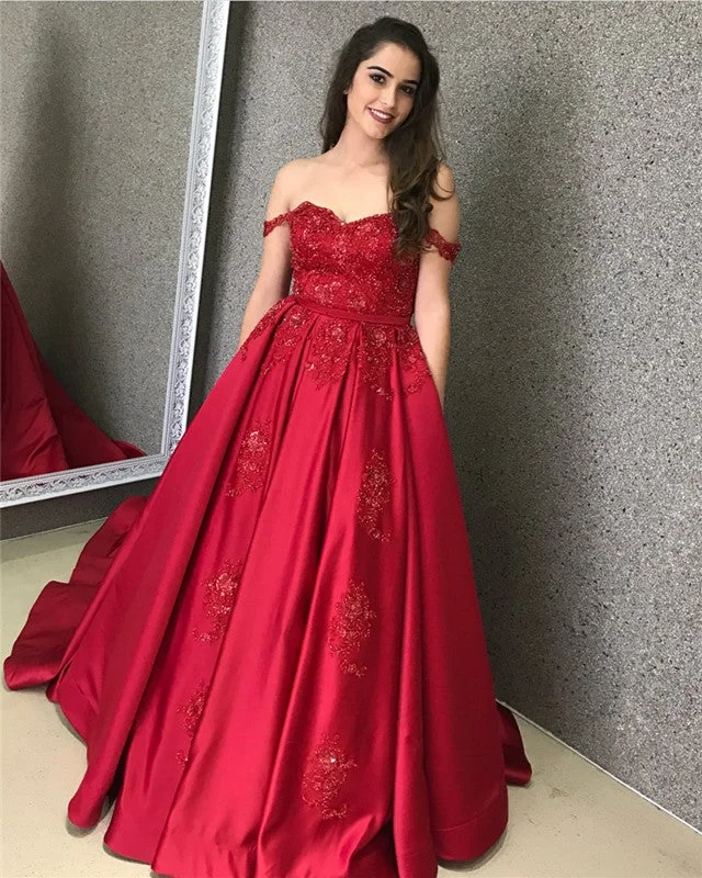 Lace Appliques Sweetheart Satin Ballgowns Off-the-shoulder Evening Dress Tunics Modern contemporary